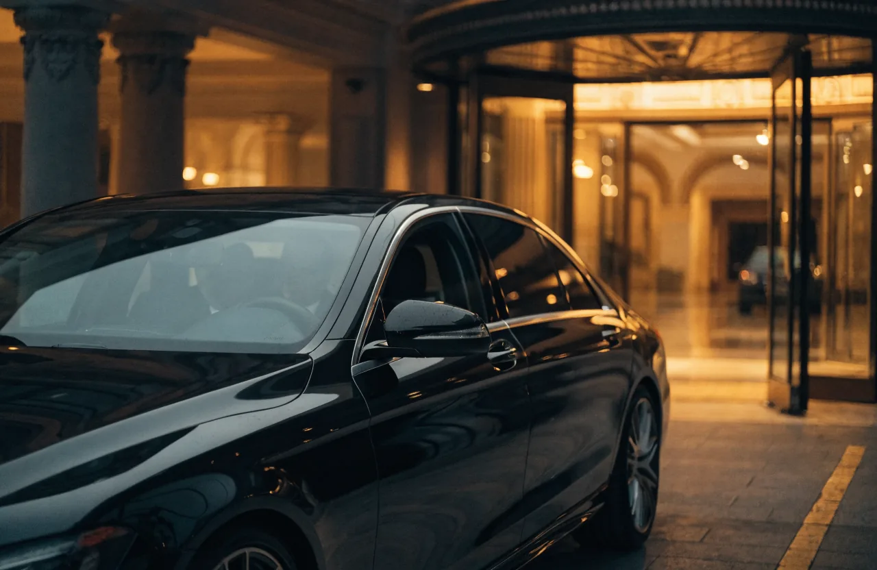 Mercedes nera all'ingresso di un hotel di lusso