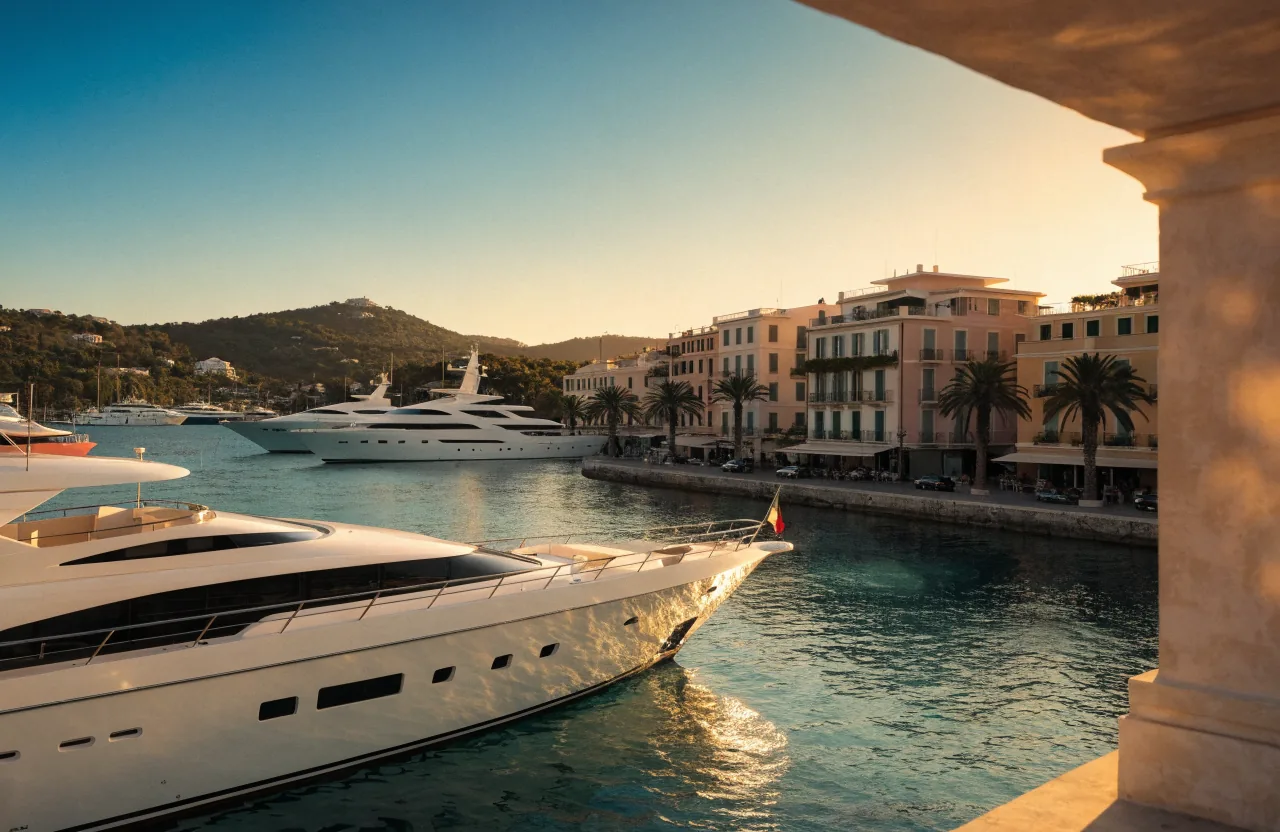 Il porto di Porto Cervo con gli yacht al tramonto