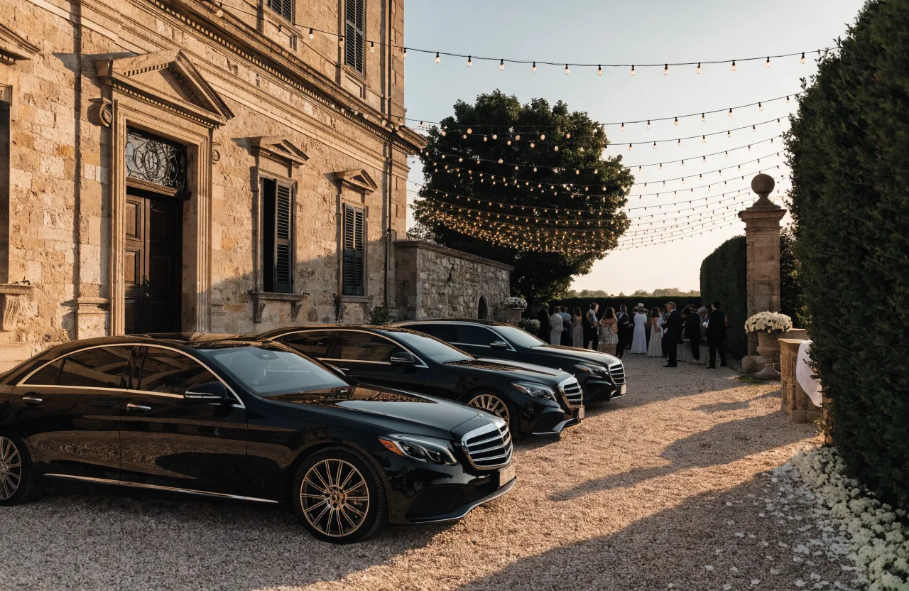Una flotta di Mercedes nere nel cortile di una villa per un matrimonio