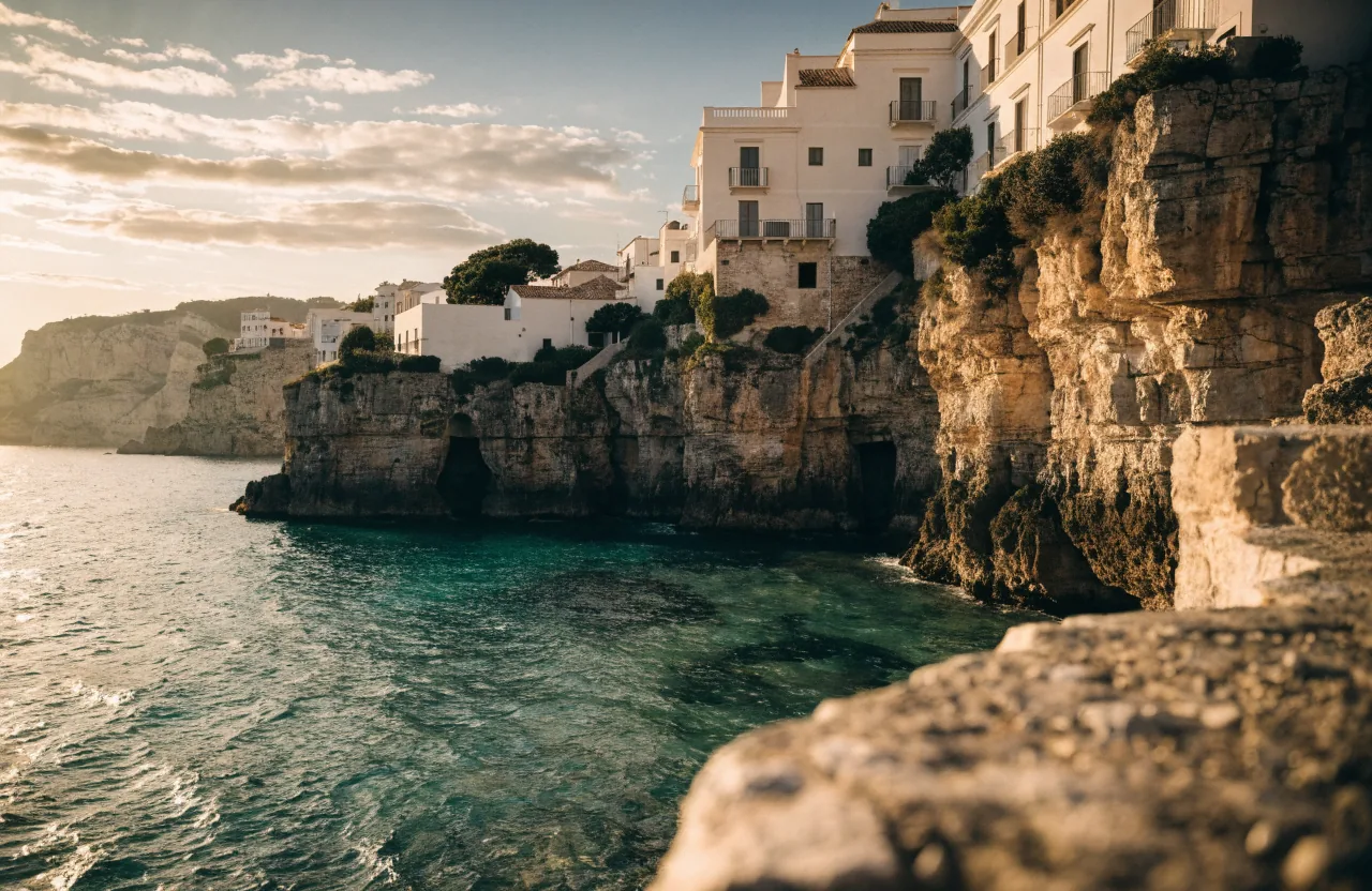 Polignano a Mare sulle scogliere della Puglia al tramonto